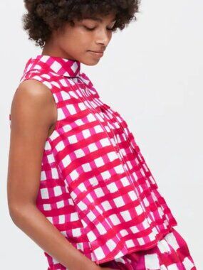 Marni x Uniqlo Women's Red Plaid Pleated Button Up Top Blouse Size Small